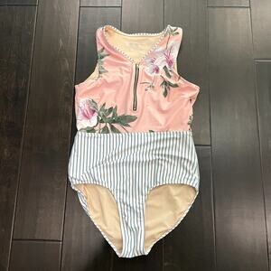 Albion Floral Striped Island Fever Front Zip One Piece Swim Women's Size XL